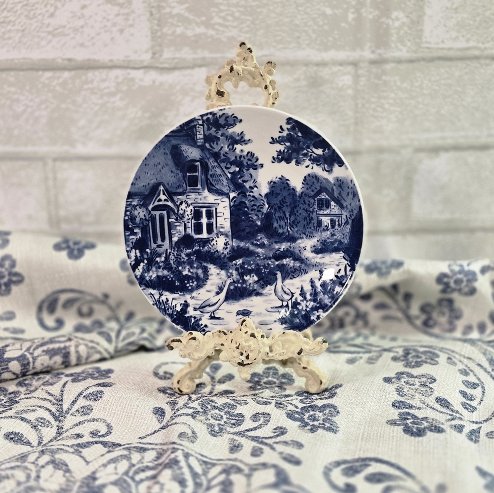 Country Heritage Blue & White Porcelain 6" Dessert Plates Set of 4 Cottage Farm - Picture 4 of 8